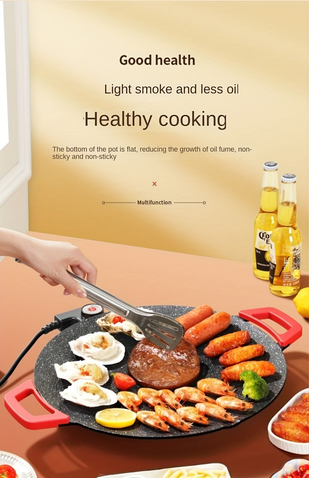 Korean BBQ Grill Pan, Round Non-Stick Multi-Functional Electric Grill Pan with Red Handle & Adjustable Settings