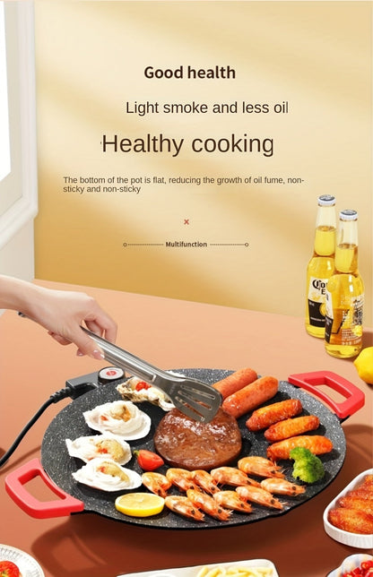 Korean BBQ Grill Pan, Round Non-Stick Multi-Functional Electric Grill Pan with Red Handle & Adjustable Settings