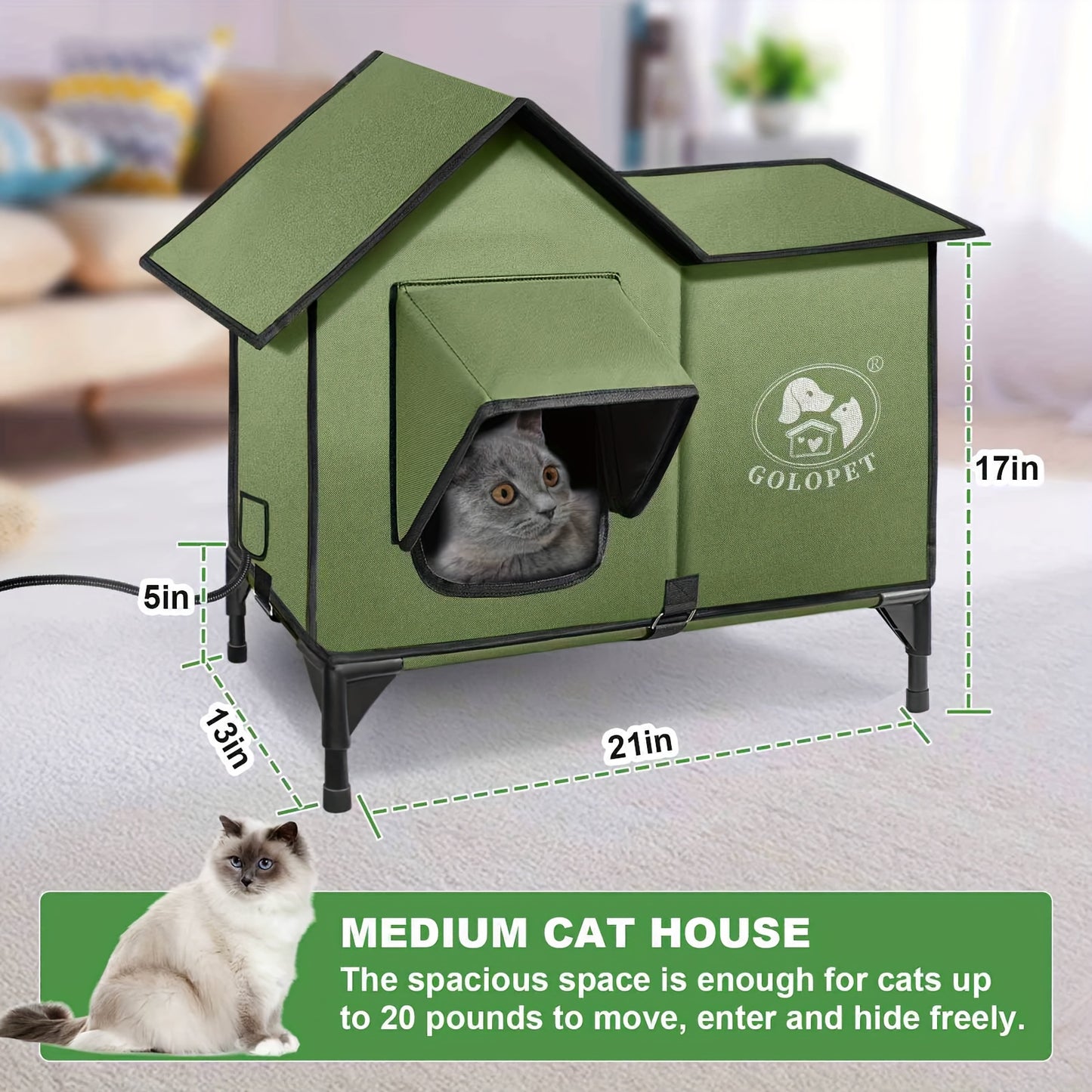 Elevated Cat House & Dog Bed with Detachable Heating Pad – Raised Outdoor Indoor Pet Bed for Cats Small Dogs