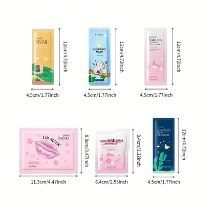 Sheet Mask Set 60 Pieces, Cherry Blossom Lip Masks, Snail Essence, Seaweed & Sleeping Masks with Glycerin