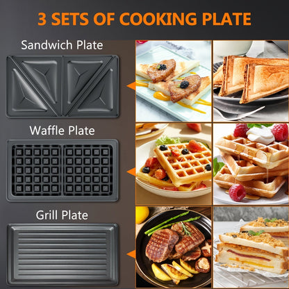 Sandwich Maker 3-in-1 Panini Press & Waffle Iron 750W with Removable Non-Stick Plates, Compact for Dorm
