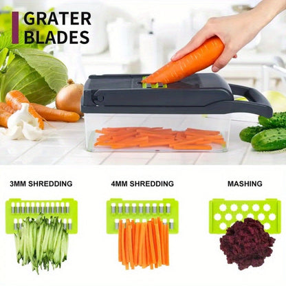 16-in-1 Vegetable Chopper with Clear Container, Eight Blade Inserts, Cleaning Button and Green Accessory Set