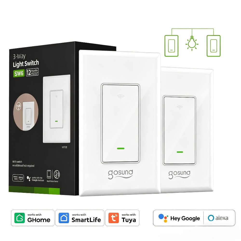 White Single-Pole and 3-Way WiFi Wall Switch in One-, Two- or Four-Piece Packs with App, Voice and Timer Control