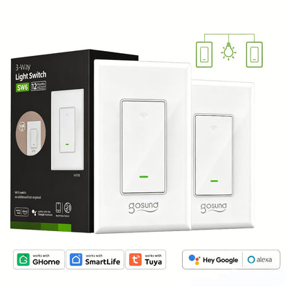 White Single-Pole and 3-Way WiFi Wall Switch in One-, Two- or Four-Piece Packs with App, Voice and Timer Control