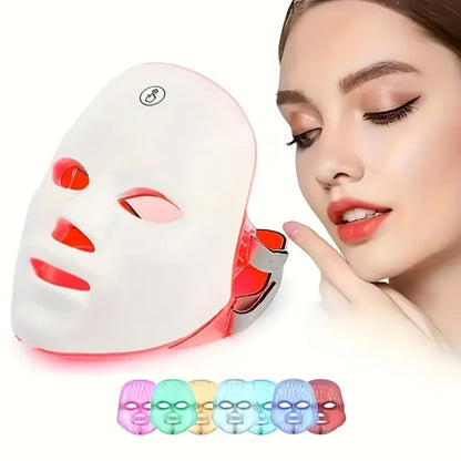 Silicone LED Face Mask Rechargeable 7-Color Light Therapy Skin Care Device - Acne Treatment for Bath Time, Home Spa and Personal Care