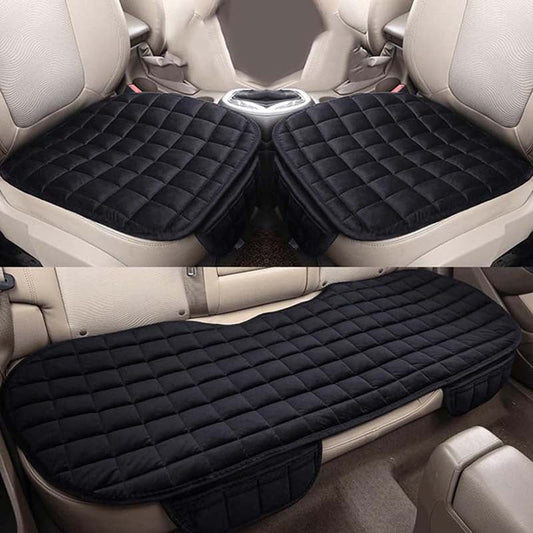 Plush Plaid Car Seat Cushion Set with Memory Foam Fill, Black or Khaki and Front-Pair, Rear-Pad or Three-Piece Options