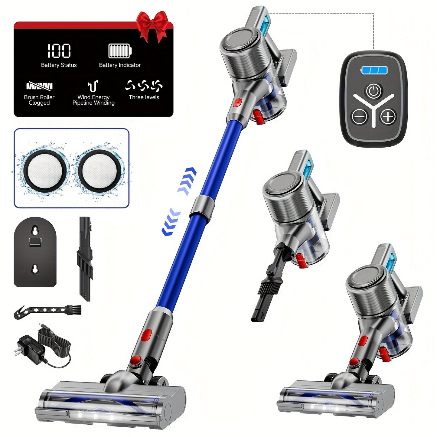 Cordless Vacuum Cleaner 55KPa 8-in-1 Stick Vacuum with LED Light 180° Swivel Wireless for Entryways, Bedrooms and Living Spaces