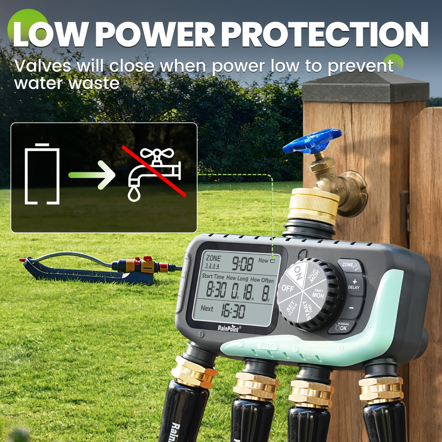 Garden Irrigation System 4-Zone, Automatic Watering Controller with Brass Head, Manual & Rain Delay Modes