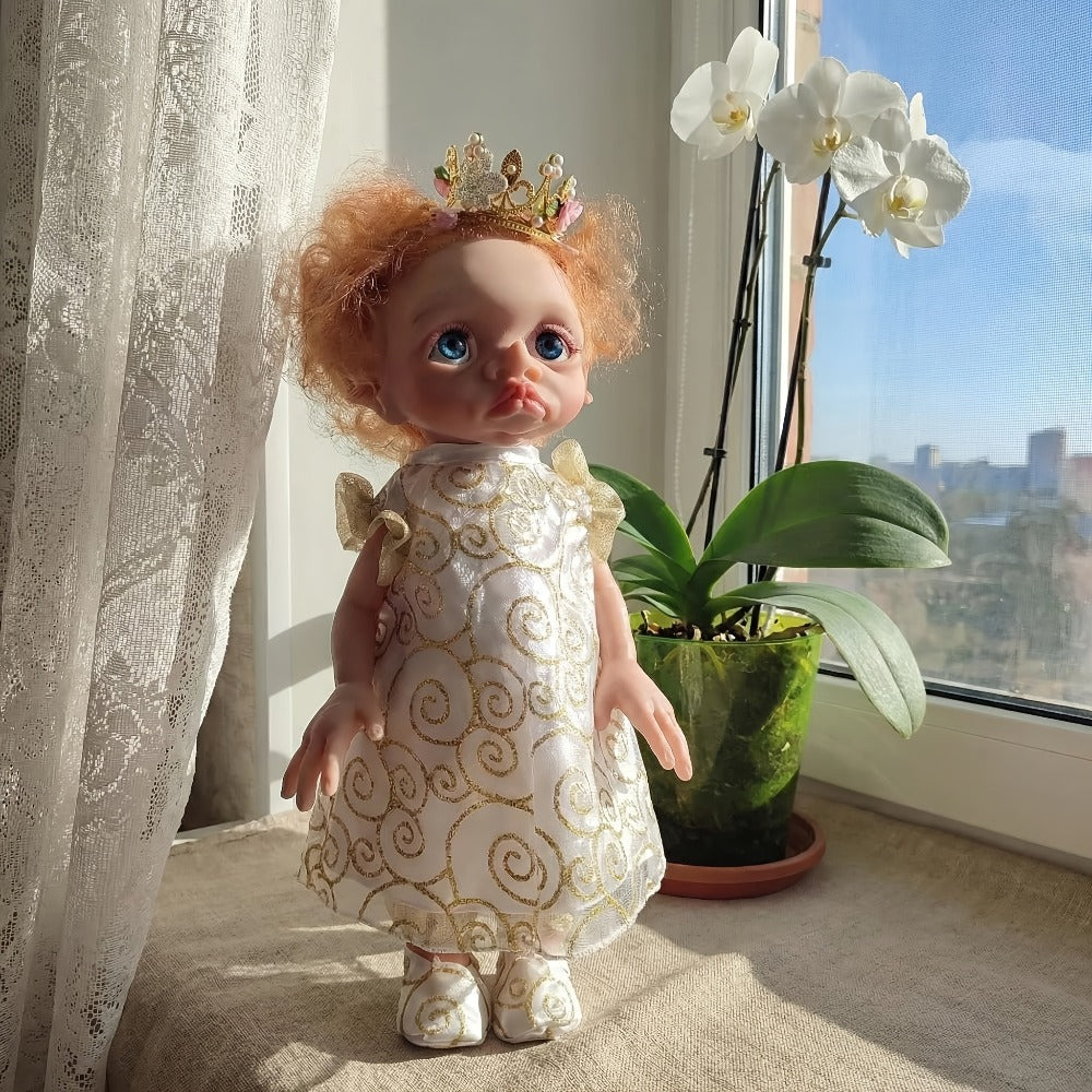 Fairy Elf Reborn Doll 15 Inch Vinyl Full Body Hand-Painted Collectible Art Doll with Wavy Hair & Crown