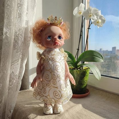 Fairy Elf Reborn Doll 15 Inch Vinyl Full Body Hand-Painted Collectible Art Doll with Wavy Hair & Crown