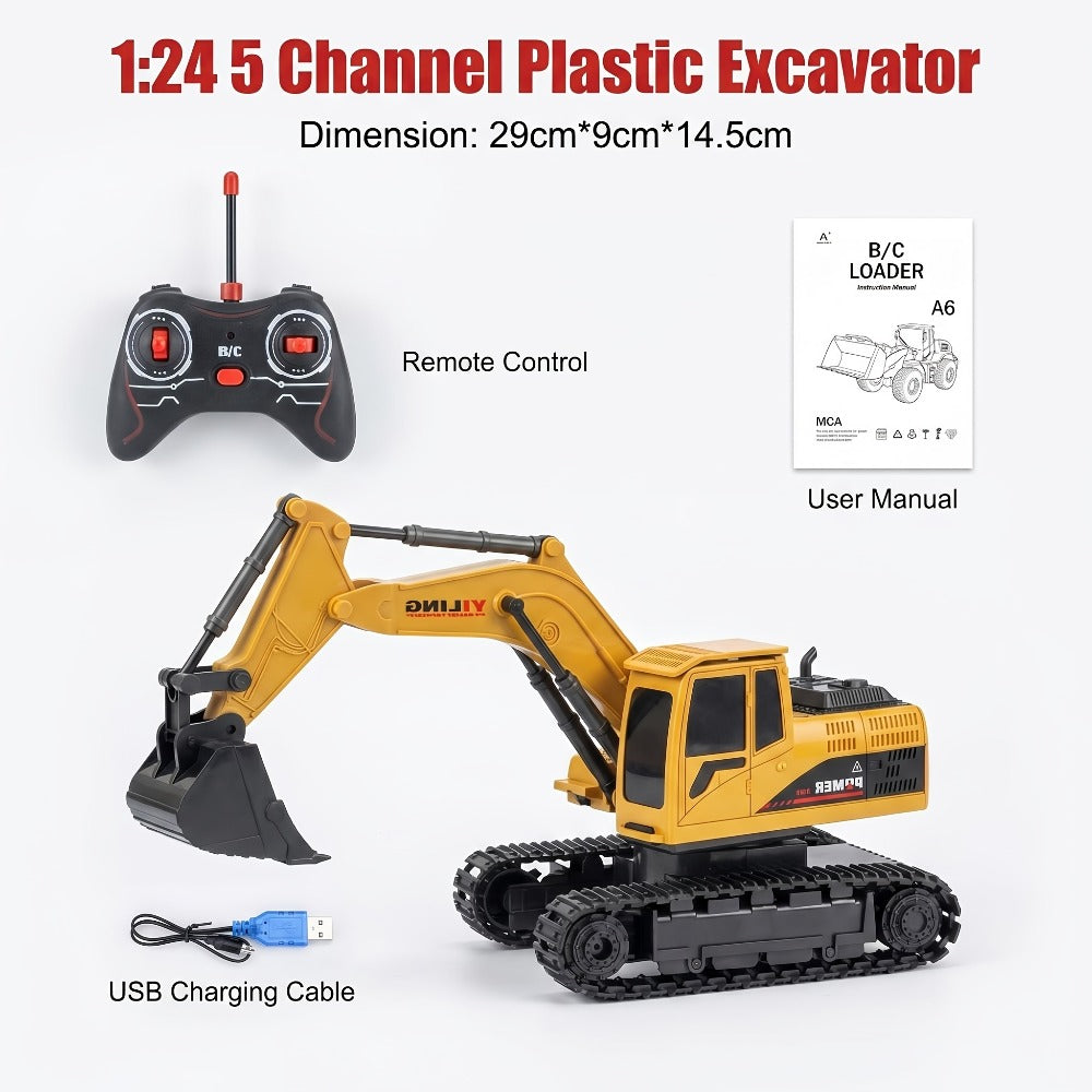 RC Construction Truck Toy 1:24 Scale Alloy Bulldozer Dump Truck & Excavator, 11-Channel Remote Control with Forward