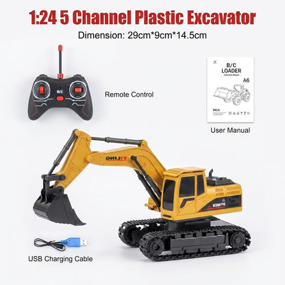 RC Construction Truck Toy 1:24 Scale Alloy Bulldozer Dump Truck & Excavator, 11-Channel Remote Control with Forward