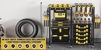 Mobile Tool Cart with Charging Station, 12 Drill Holders & 5 Storage Shelves Power Tool Organizer