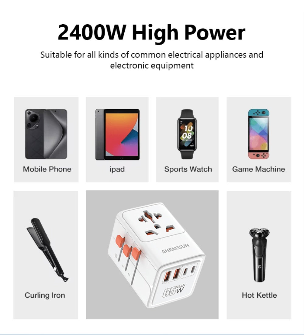 65W Universal Travel Adapter with 4 USB Ports - 2 USB-C & 2 USB-A Fast Charging, US EU UK AU Plugs
