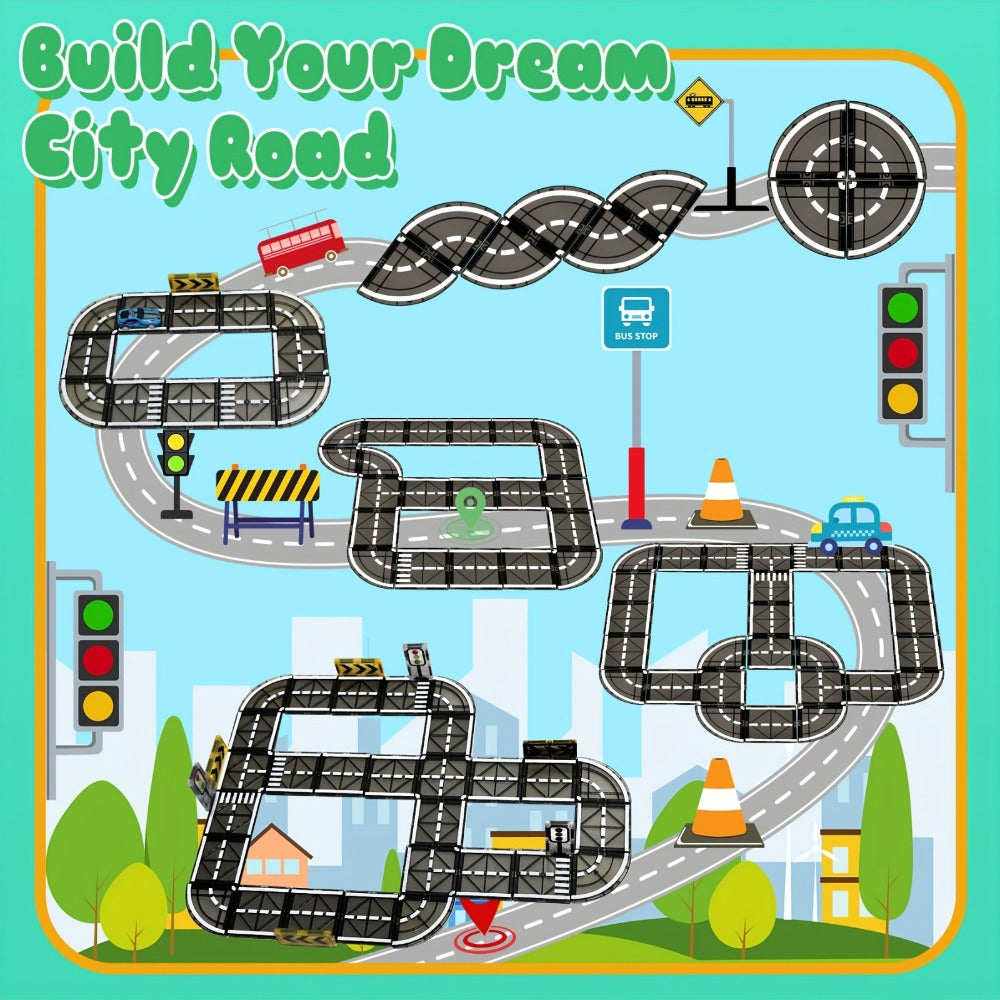 44-Piece Magnetic Road Tile Set with Pictured Cars, Signs, Signals and Black-and-White Track Sections