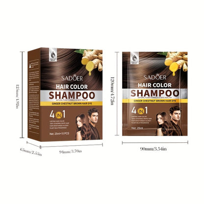 3-in-1 Hair Color Shampoo 10-Pack Single-Use Sachets Natural Dye Deep Cleansing Gel for Bath Time, Home Spa and Personal Care