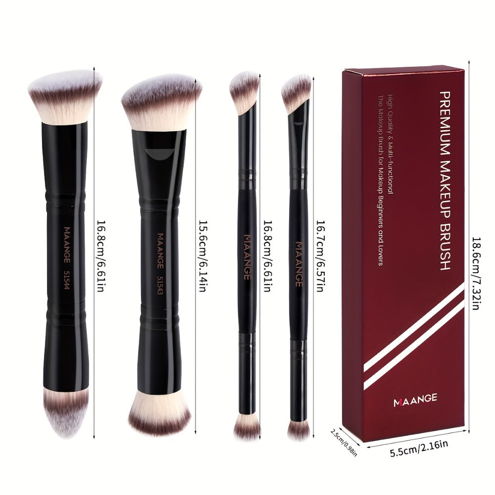 Makeup Brush Set, 4-Piece Double-Ended Travel Collection with Eight Brush Heads in Black-Beige or Black-Gold