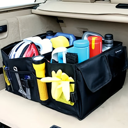 Car Trunk Organizer, Foldable Nylon Cargo Box with Adjustable Securing Straps, Side Pockets and Carry Handles