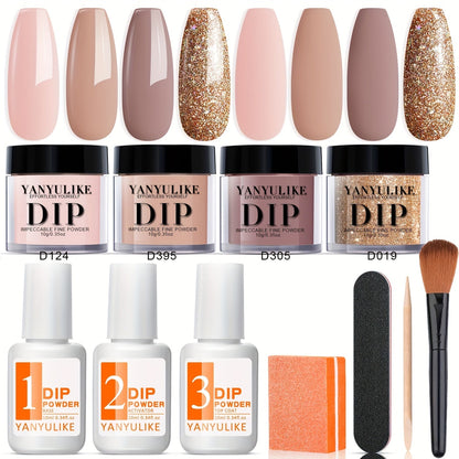 Dip Powder Nail Kit with YANYILIKE Label, Four Nude Gold Glitter Powders, Three 10ml Liquids and Four Tools