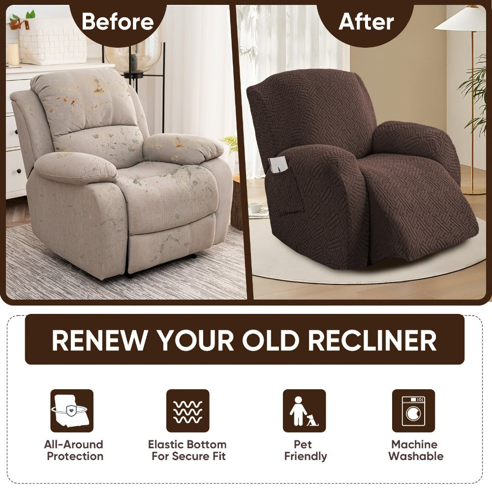 Four-Piece Maze Jacquard Recliner Chair Cover Set with Side Pocket and Nine Solid Color Options