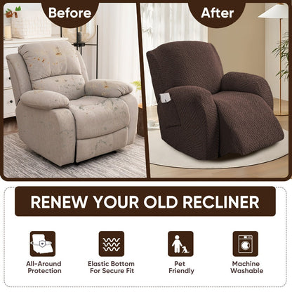 Four-Piece Maze Jacquard Recliner Chair Cover Set with Side Pocket and Nine Solid Color Options