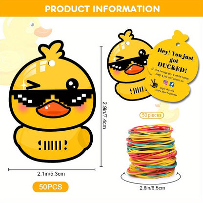 Duck Duck Ducked Party Game Cards 50 Pack, Printed Yellow Duck Tags with Round Hole & Rubber Bands