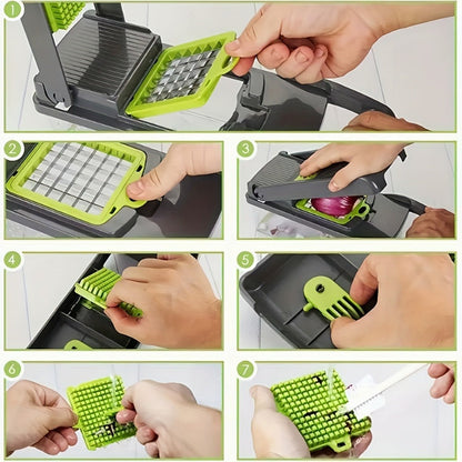 Vegetable Chopper 16-in-1 Manual Food Chopper Set, 8 Stainless Steel Blades, 304 Container, Peeler & Filter