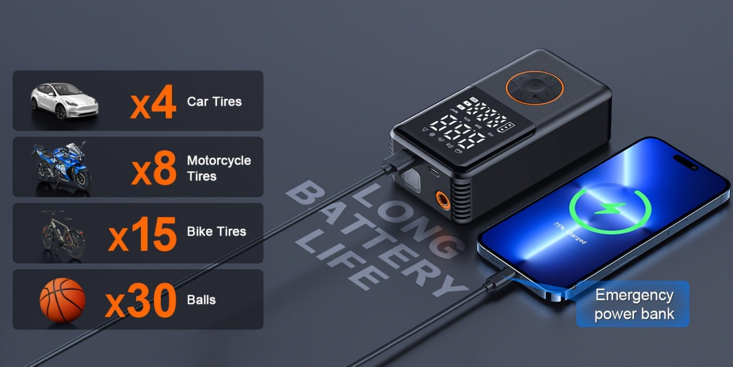 Compact Cordless Tire Inflator with Digital LCD Screen, Blue Air Hose and Pictured Valve Adapters