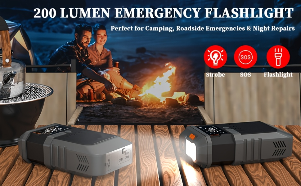 Jump Starter Power Bank 10000A 4-in-1 with 150 PSI Air Compressor LED Emergency Light USB Charging for Garden, Patio and Yard Use
