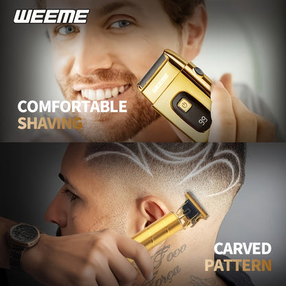 Hair Clipper WEEME Gold or Blue Three-Tool Grooming Set with LCD Display, USB Charging and Guide Combs