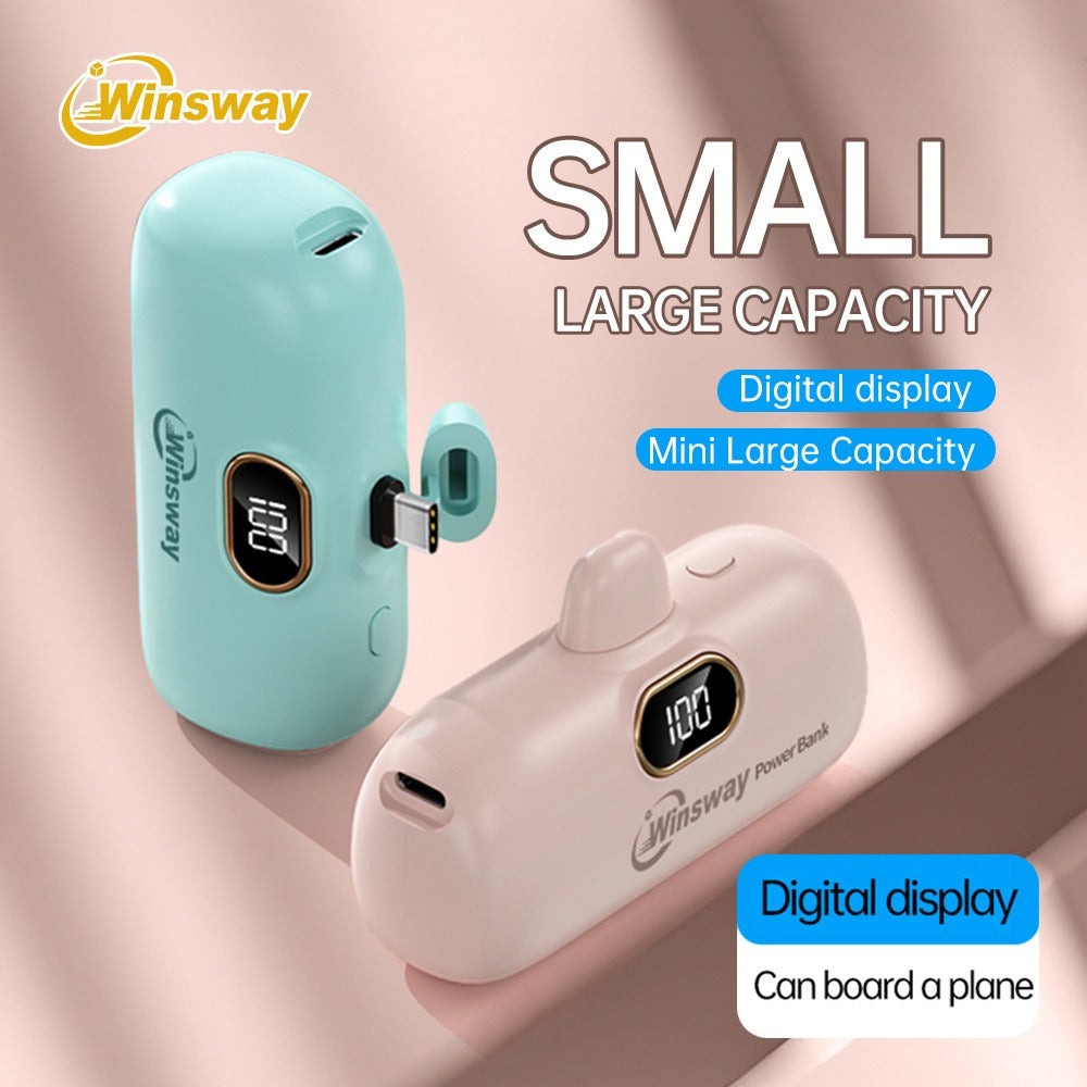 Power Bank 5000mAh Mini USB-C Plug-In Style with Digital Display in Pink or White for Travel