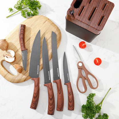 Seven-Piece Kitchen Knife Set with Five Dark Blades, Scissors, Wood-Look Handles and Storage Block