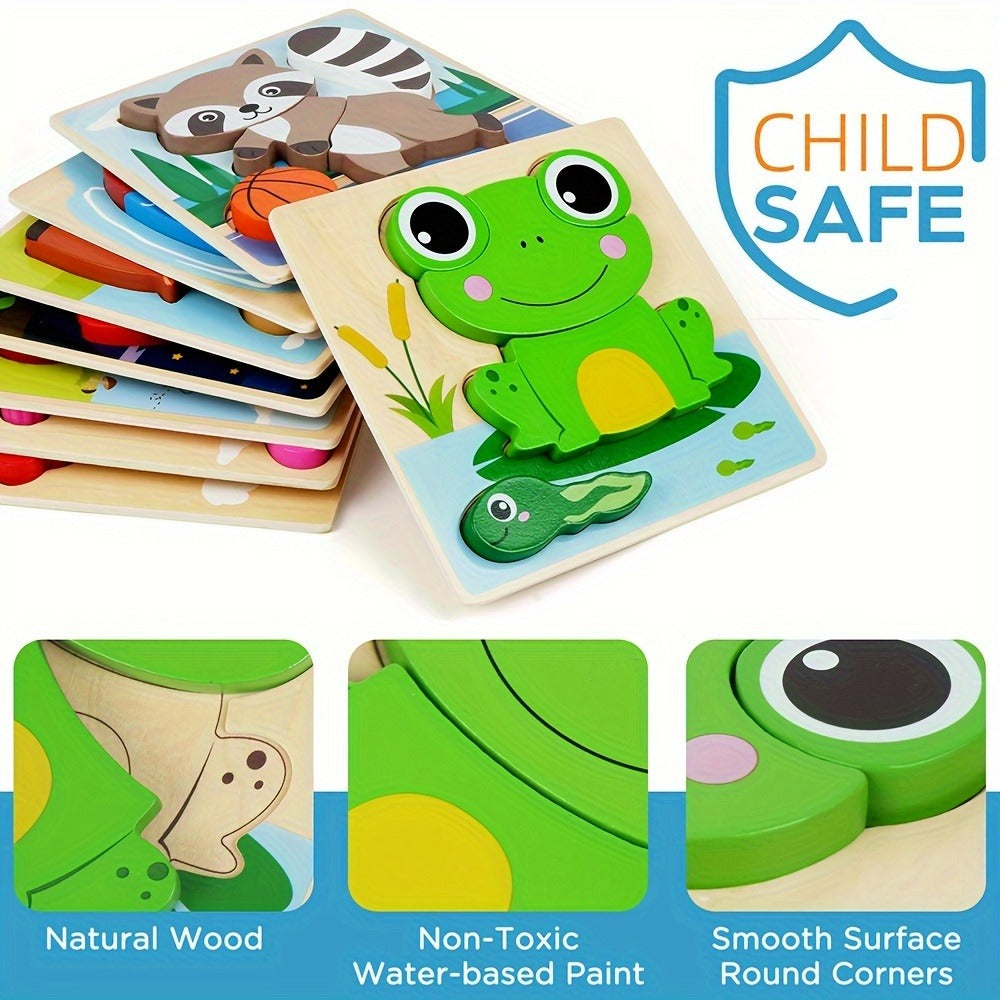 Baby Animal Wooden Puzzles for Toddlers 8 Pack, Infant Learning Toy 12 Months+, Bear Bunny Owl Frog Bee Duck Moose Raccoon