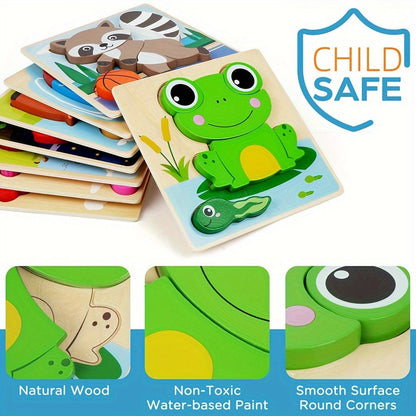 Baby Animal Wooden Puzzles for Toddlers 8 Pack, Infant Learning Toy 12 Months+, Bear Bunny Owl Frog Bee Duck Moose Raccoon