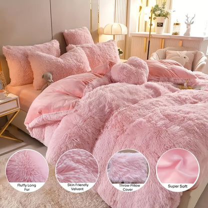 Plush Faux Fur Duvet Cover Set with Heart Pillow, Corner Ties and Twin, Queen or King Sizes in Eight Colors