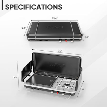 Portable Propane Griddle and Burner Camping Stove with Four Color Labels and 23.23-Inch Closed Width