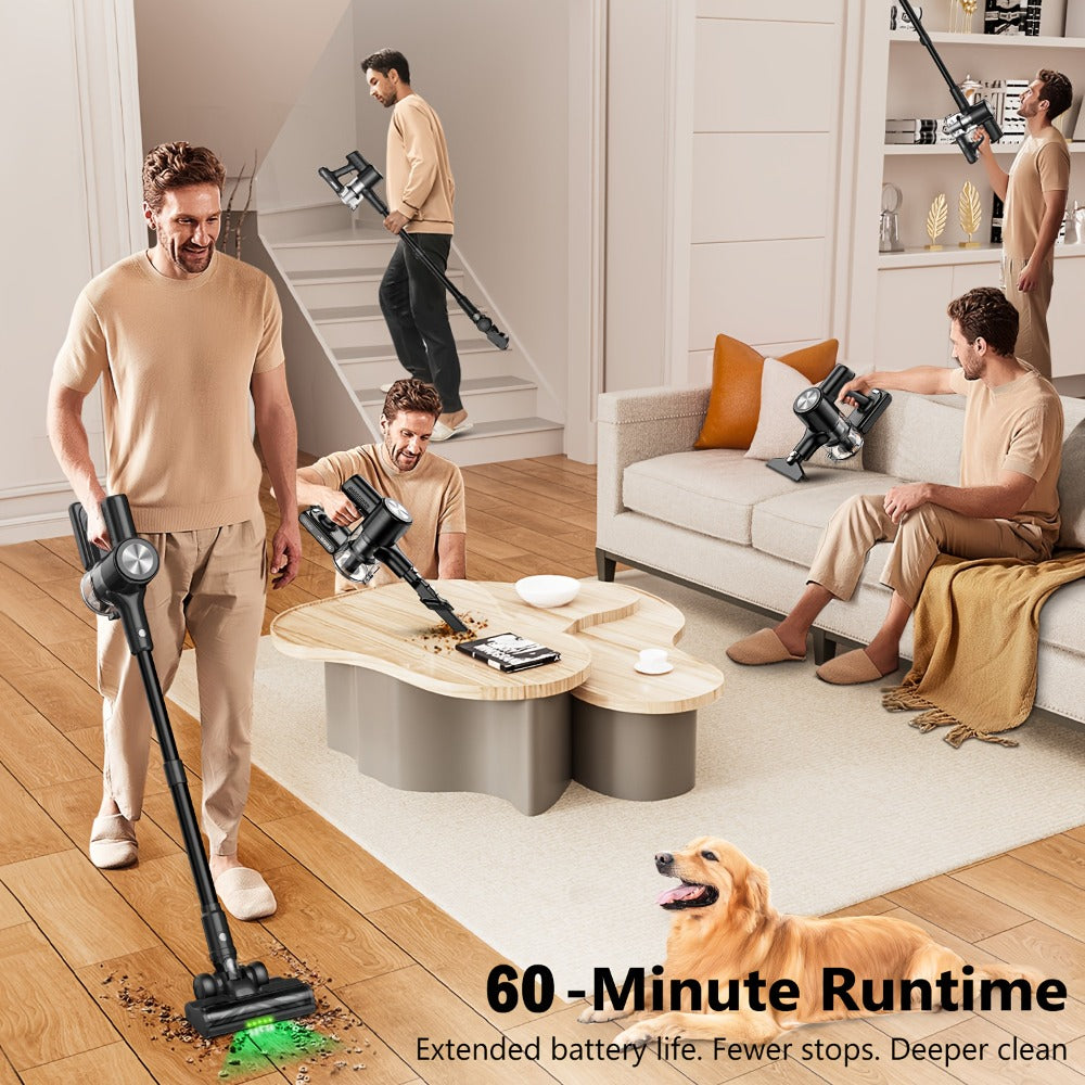 Cordless Stick Vacuum Cleaner 45KPA 8-in-1 with Anti-Tangle Brush Green Light Detection for Carpet Pet Hair Hardwood Tile Floor