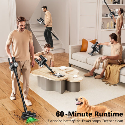 Cordless Stick Vacuum Cleaner 45KPA 8-in-1 with Anti-Tangle Brush Green Light Detection for Carpet Pet Hair Hardwood Tile Floor