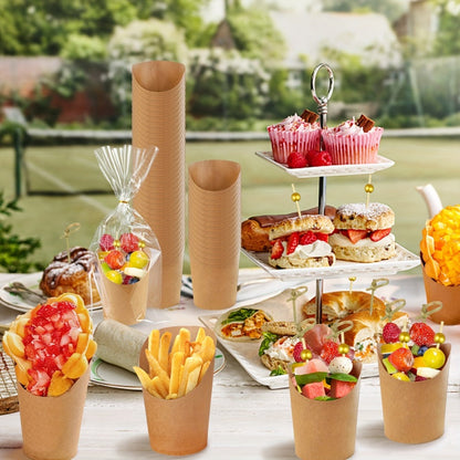 50-Set Kraft-Style Snack Cup Kit with 8-Ounce Cups, Clear Bags and Assorted Serving Picks for Parties