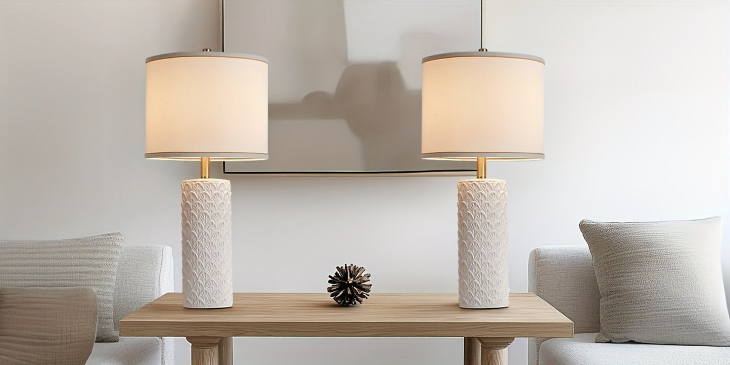 Table Lamp with Ceramic Textured Base, Drum Shade, 9W LED Bulb, Five Colors and Three Color Temperatures