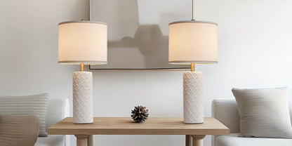 Table Lamp with Ceramic Textured Base, Drum Shade, 9W LED Bulb, Five Colors and Three Color Temperatures