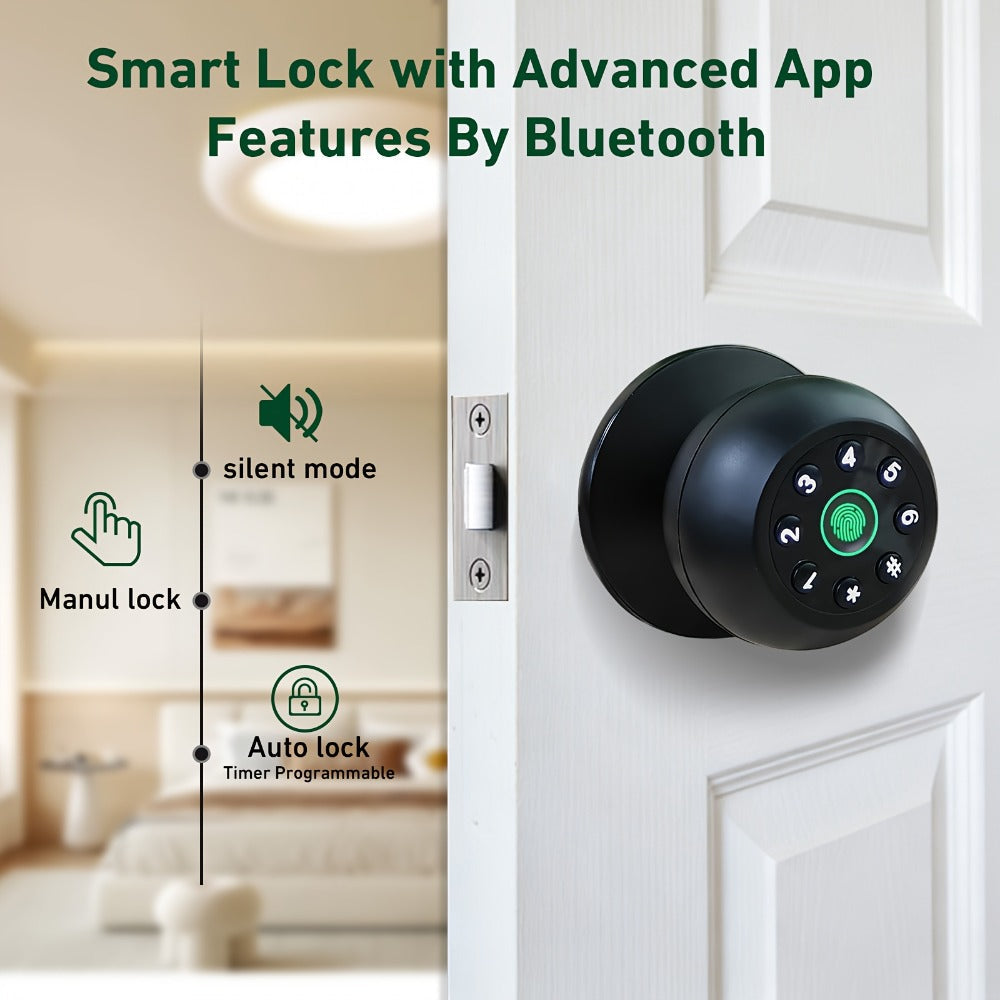 Matte Black Smart Door Knob Lock with Fingerprint & Keypad, App Control, Auto Lock for an Everyday Personal Care Routine
