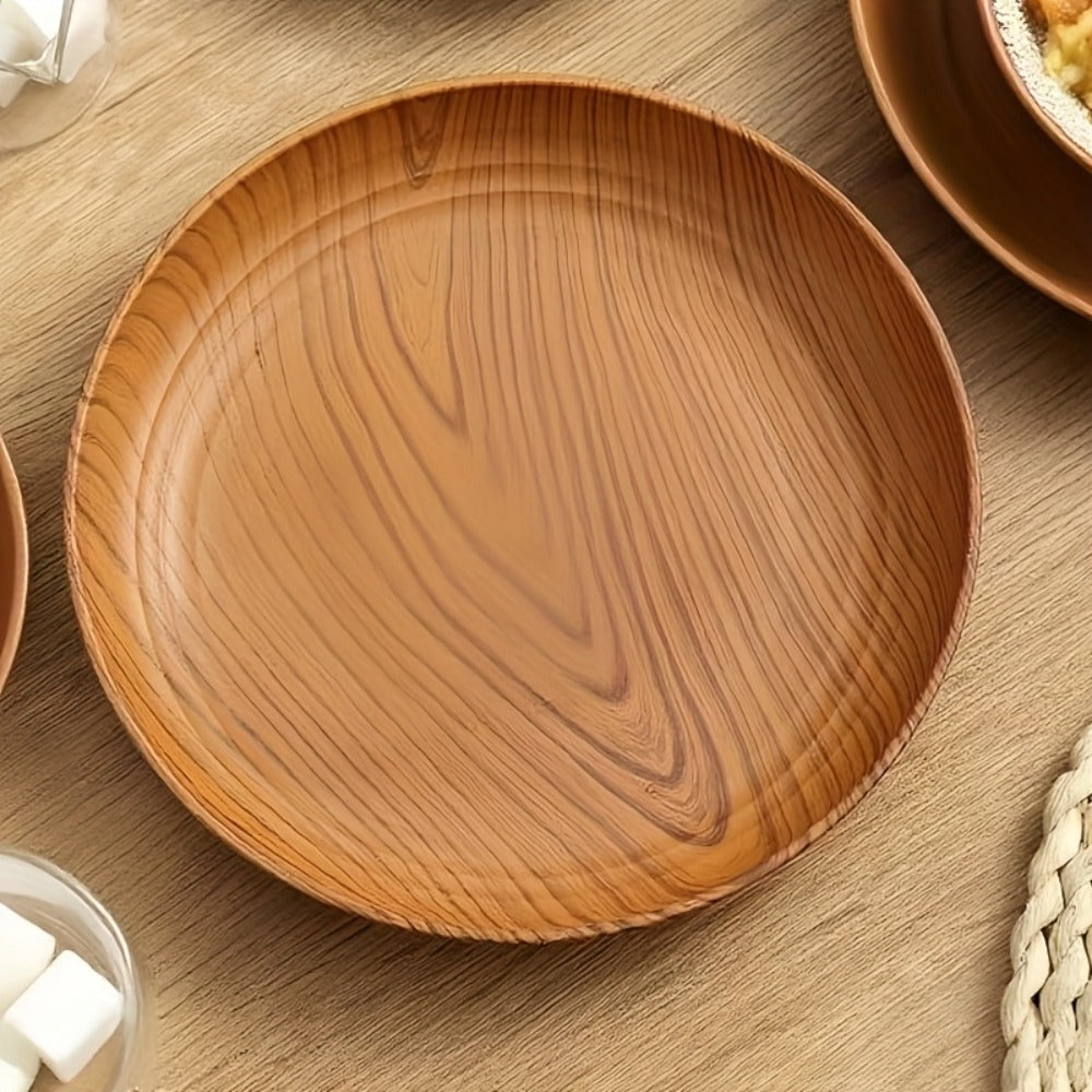 10pcs Wood Grain Dinner Plates Set – Round Striped Plastic Serving Trays for Home Kitchen Dessert Shop Restaurant