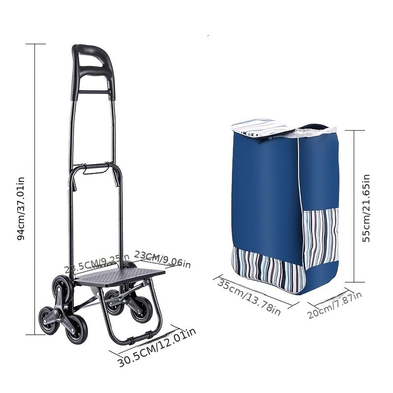 Stair Climbing Shopping Cart with Detachable Hand Truck, Foldable Grocery Trolley with Spacious Polyester Bag for Home Market Transport