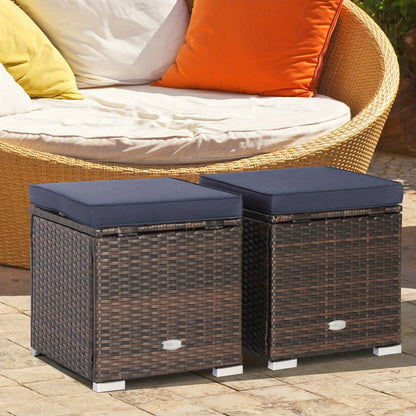 Outdoor Wicker Ottoman Set of 2 with Hidden Storage – PE Wicker Footstools with Detachable Cushions, Side Table & Extra Seating for Patio