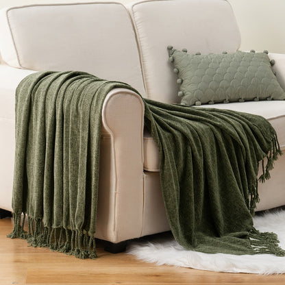Chenille Fringe Throw Blanket, 180-200gsm Velvety Decorative Throw for Sofa & Couch, Home Decor, 50”×60”