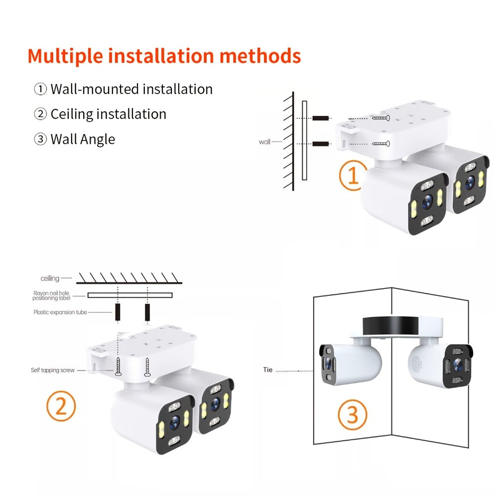 Dual-Lens PTZ Outdoor Security Camera with 2.4GHz WiFi, Wired Power and Single- or Two-Camera Options