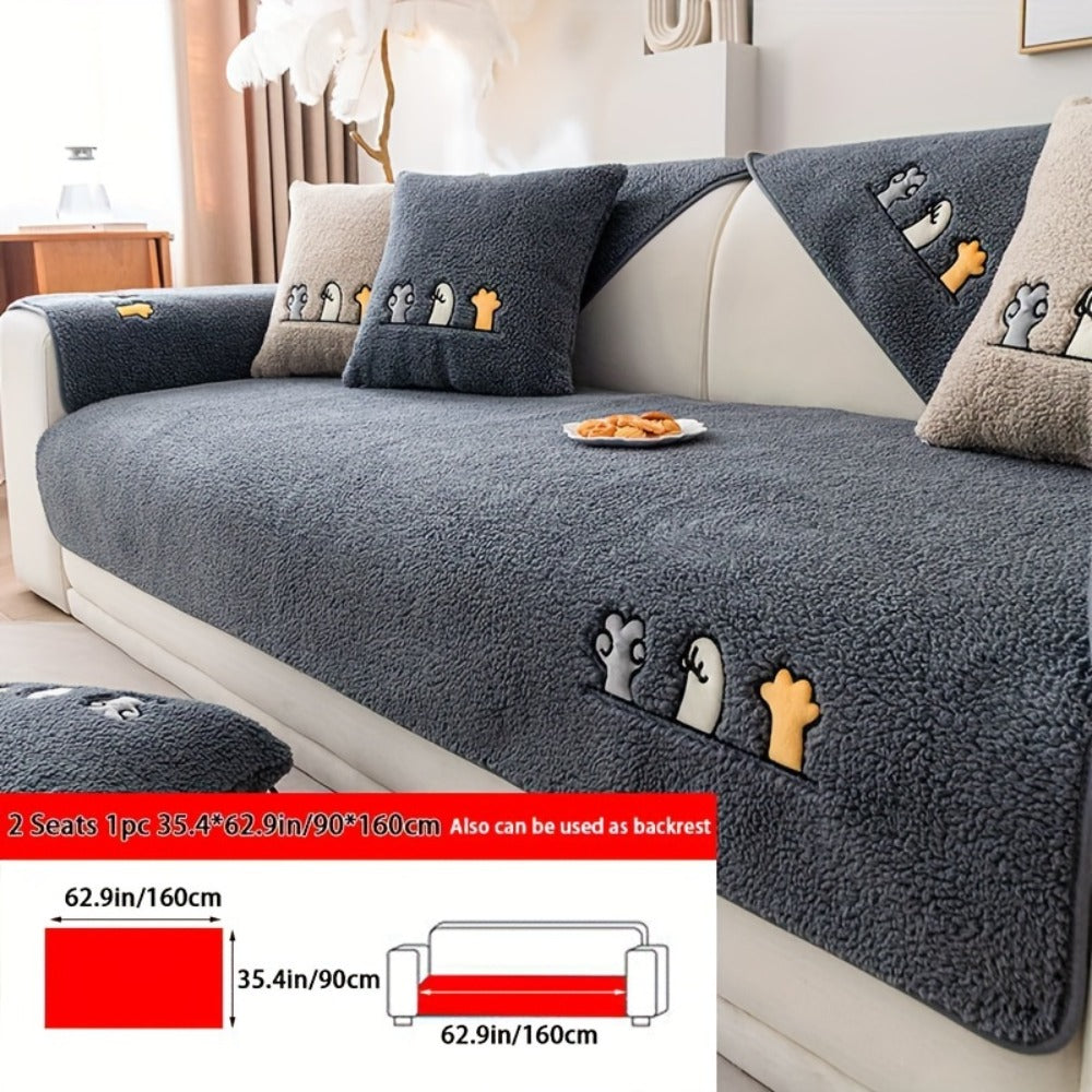 Sofa Cover Thick Plush Shearling Panels with Animal and Bone Embroidery and Backing Detail for 2 to 4 Seats