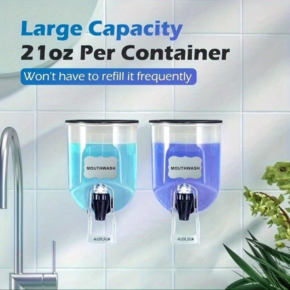 Mouthwash Dispenser Wall Mounted 2-Pack 21 oz Plastic Container - No Electricity Required for an Everyday Personal Care Routine