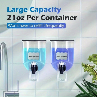 Mouthwash Dispenser Wall Mounted 2-Pack 21 oz Plastic Container - No Electricity Required for an Everyday Personal Care Routine